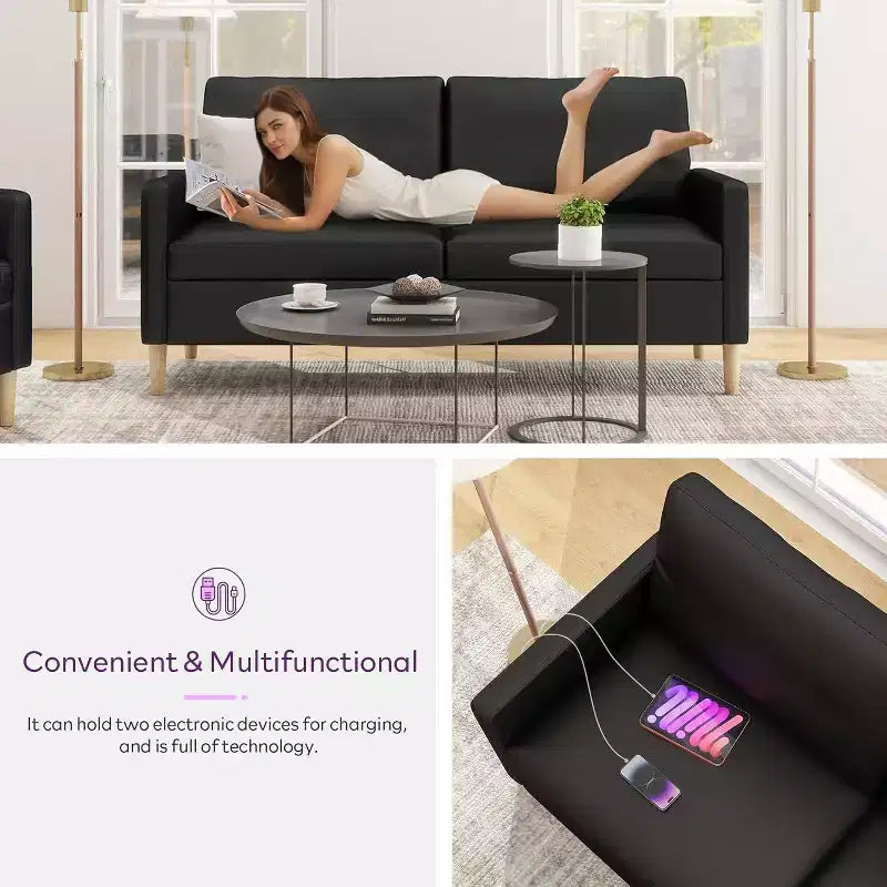 Divanetto a 2 posti da 168 cm in similpelle nera con porta USB, imbottito, stile moderno di metà secolo