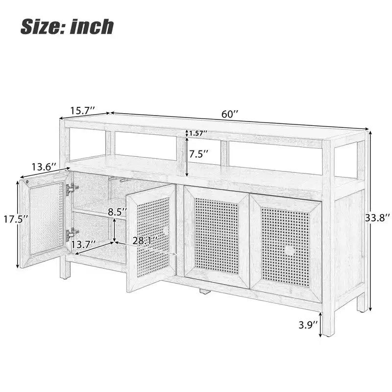 Credenza/mobile contenitore bohémien in rattan da 60" con struttura in legno massello, ante con apertura a pressione