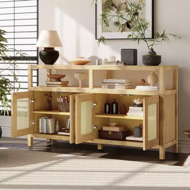 Credenza/mobile contenitore bohémien in rattan da 60" con struttura in legno massello, ante con apertura a pressione