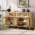 Credenza/mobile contenitore bohémien in rattan da 60" con struttura in legno massello, ante con apertura a pressione