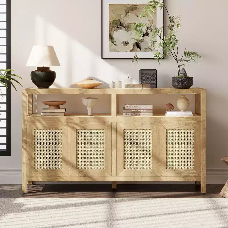 Credenza/mobile contenitore bohémien in rattan da 60" con struttura in legno massello, ante con apertura a pressione