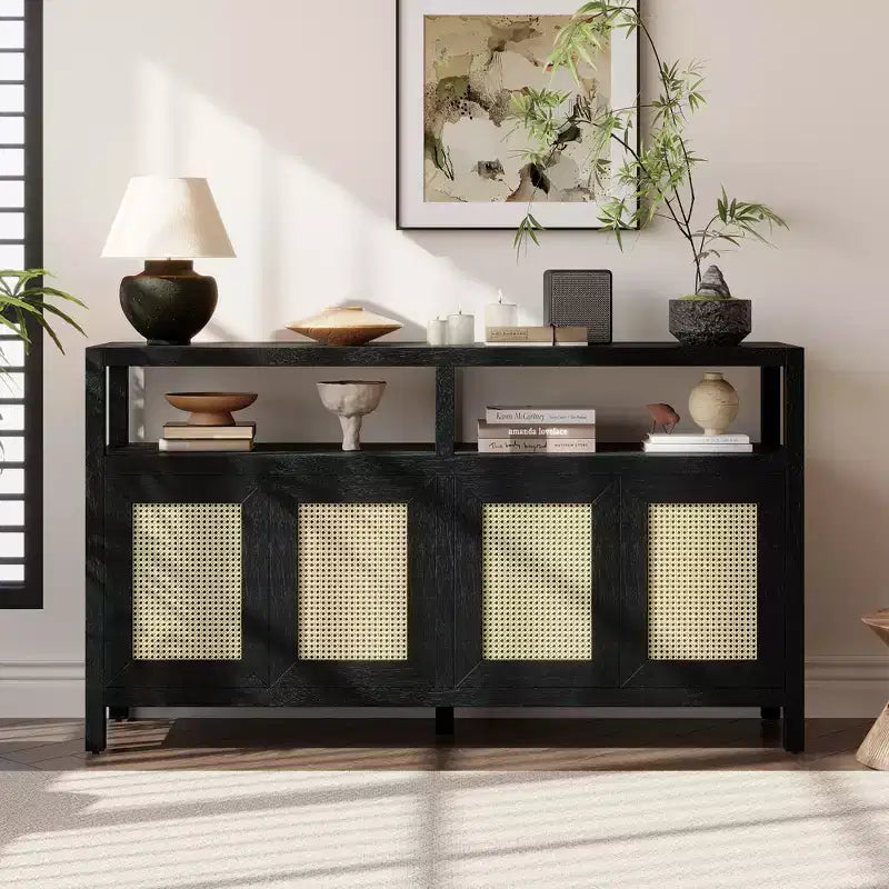 Credenza/mobile contenitore bohémien in rattan da 60" con struttura in legno massello, ante con apertura a pressione