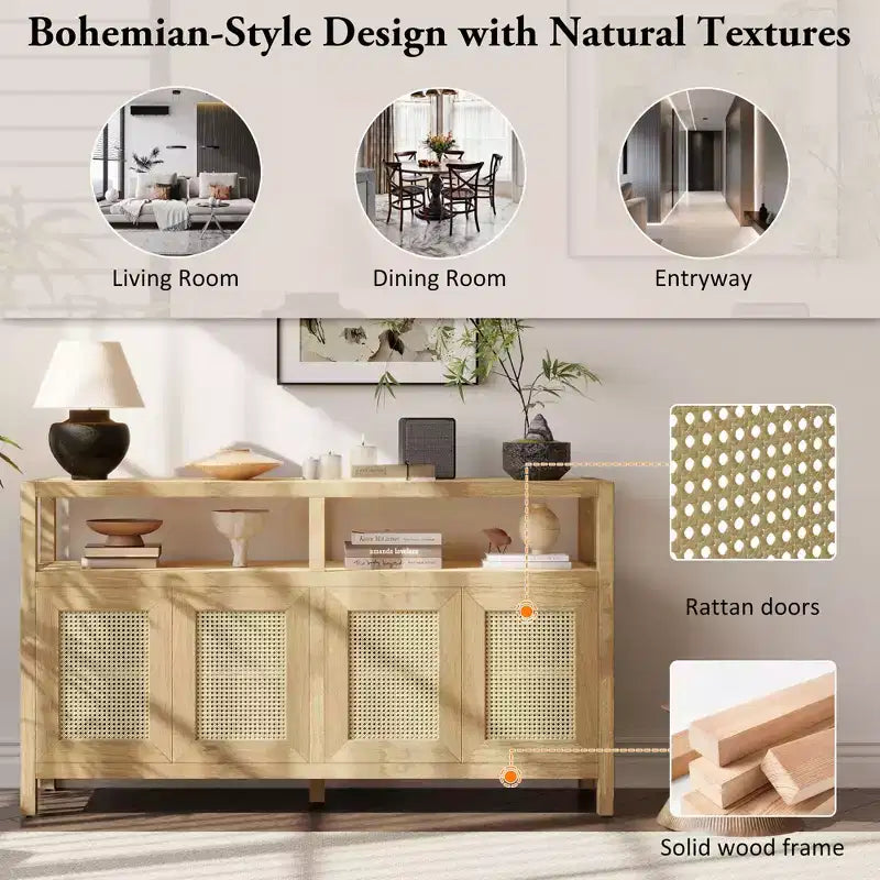 Credenza/mobile contenitore bohémien in rattan da 60" con struttura in legno massello, ante con apertura a pressione