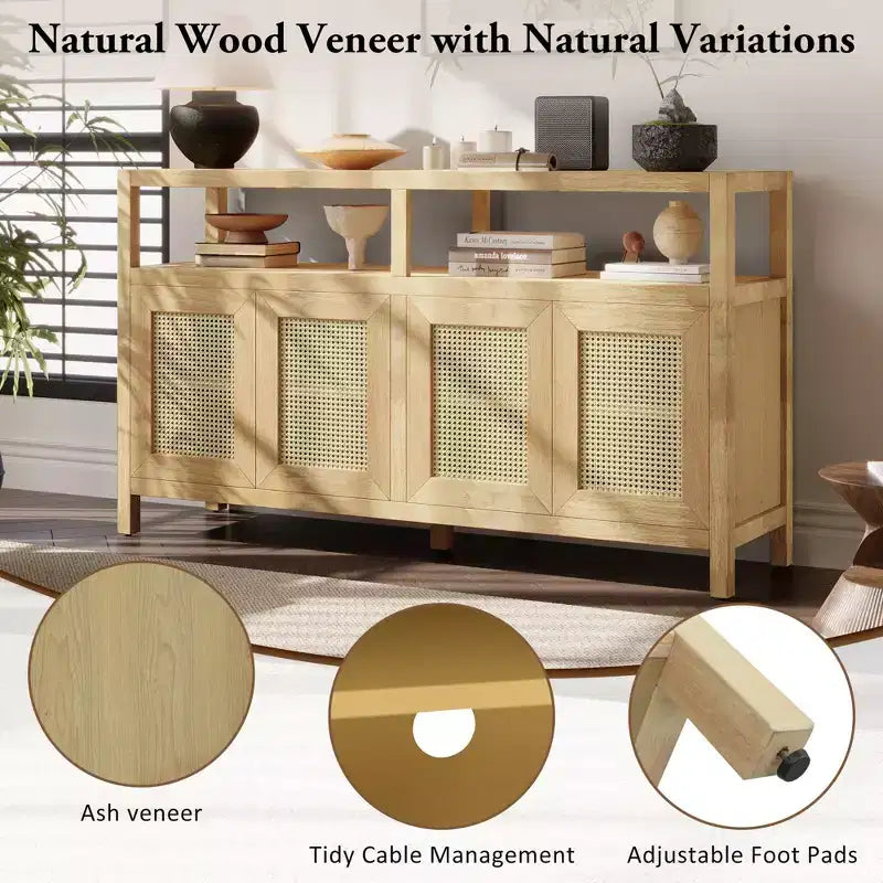 Credenza/mobile contenitore bohémien in rattan da 60" con struttura in legno massello, ante con apertura a pressione