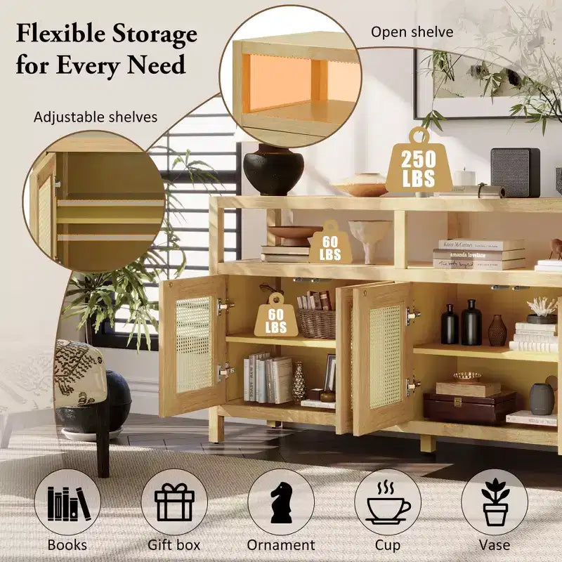 Credenza/mobile contenitore bohémien in rattan da 60" con struttura in legno massello, ante con apertura a pressione