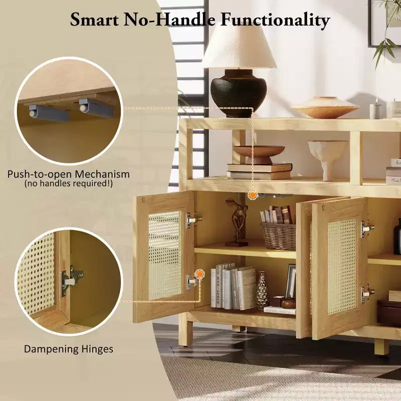 Credenza/mobile contenitore bohémien in rattan da 60" con struttura in legno massello, ante con apertura a pressione