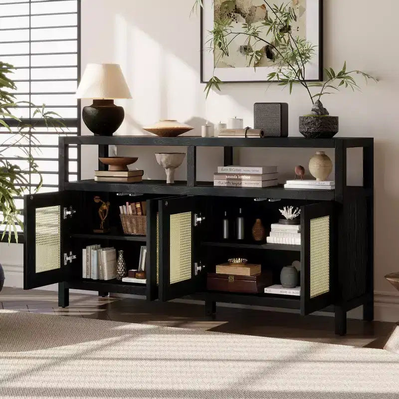 Credenza/mobile contenitore bohémien in rattan da 60" con struttura in legno massello, ante con apertura a pressione