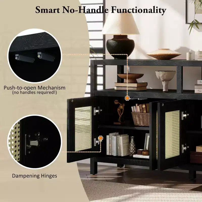 Credenza/mobile contenitore bohémien in rattan da 60" con struttura in legno massello, ante con apertura a pressione