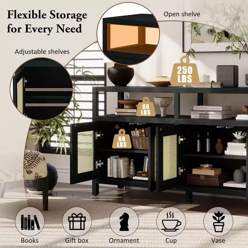 Credenza/mobile contenitore bohémien in rattan da 60" con struttura in legno massello, ante con apertura a pressione