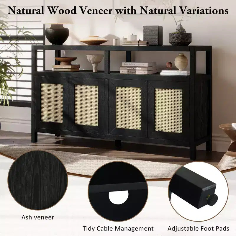 Credenza/mobile contenitore bohémien in rattan da 60" con struttura in legno massello, ante con apertura a pressione