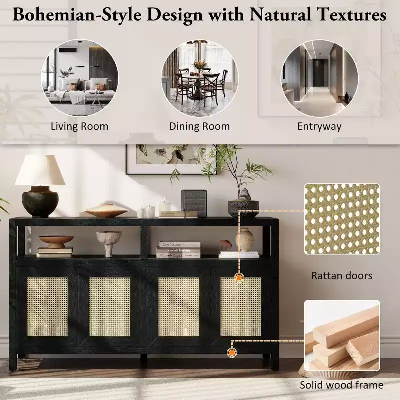 Credenza/mobile contenitore bohémien in rattan da 60" con struttura in legno massello, ante con apertura a pressione
