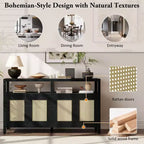 Credenza/mobile contenitore bohémien in rattan da 60" con struttura in legno massello, ante con apertura a pressione