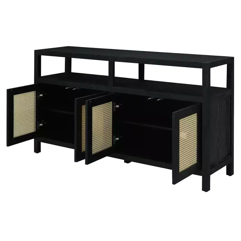 Credenza/mobile contenitore bohémien in rattan da 60" con struttura in legno massello, ante con apertura a pressione
