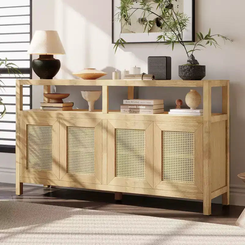 Credenza/mobile contenitore bohémien in rattan da 60" con struttura in legno massello, ante con apertura a pressione