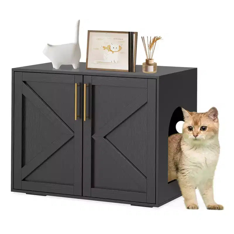 Large Cat Litter Box Enclosure, Hidden Cat Litter Box Furniture with 2 Doors and Pads, Wooden Kitty Litter Cabinet for Home