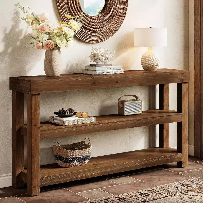 Consolle da ingresso in legno massello da 63" con ripiani portaoggetti, tavolo stretto da divano
