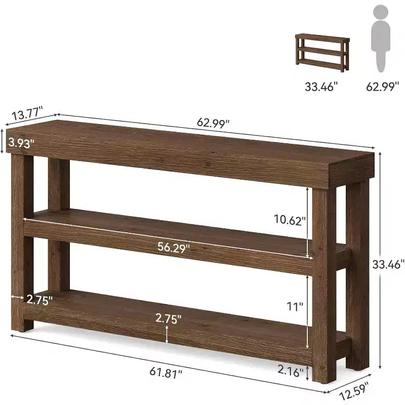 Consolle da ingresso in legno massello da 63" con ripiani portaoggetti, tavolo stretto da divano