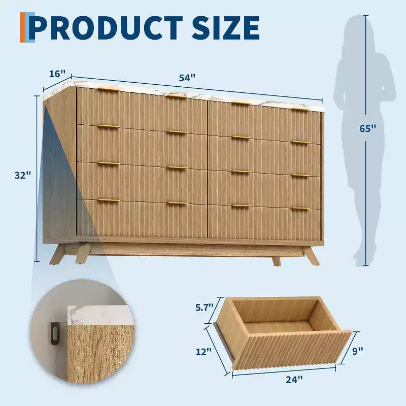Cassettiera scanalata a 8 cassetti, comò moderno in legno, design con profilo curvo, per camera da letto, soggiorno