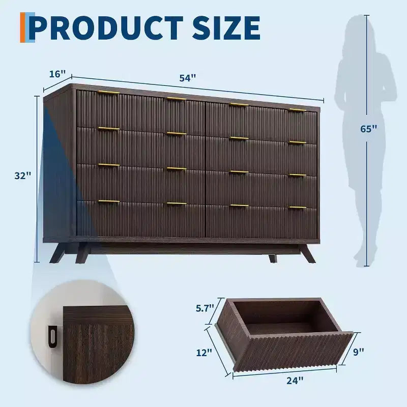 Cassettiera scanalata a 8 cassetti, comò moderno in legno, design con profilo curvo, per camera da letto, soggiorno