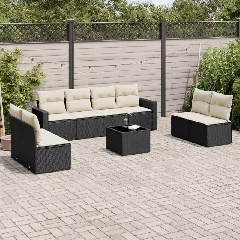 Set divano da giardino 9 pz, in PE rattan nero con fodere rimovibili