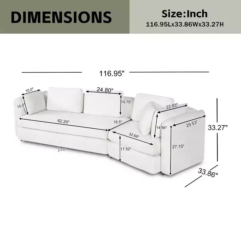 Divano modulare curvo a 3 posti da 116,5" rivestito in tessuto con cuscini mobili e 2 cuscini decorativi