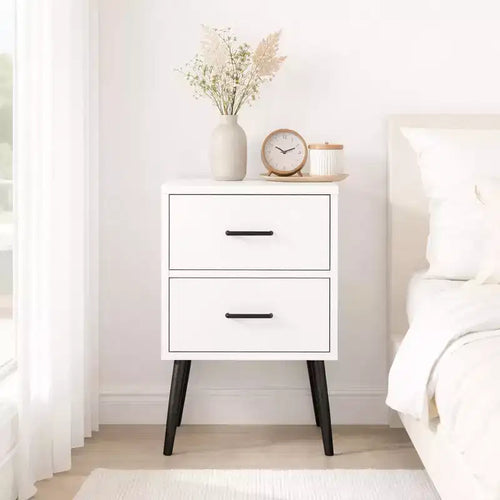 2-Drawer Nightstand with Metal Legs and Metal Handles, Modern White Bedside Table, Small End Table for Bedroom, Living Room or Apartment