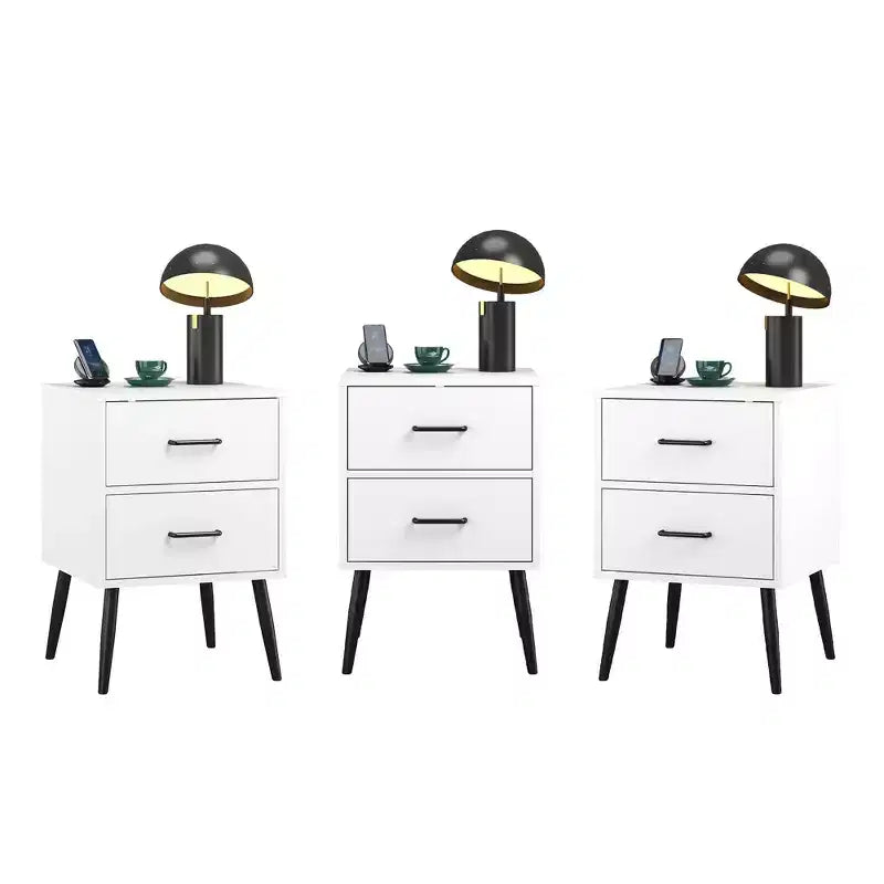 Comodino a 2 cassetti con gambe e maniglie in metallo, comodino moderno bianco, tavolino piccolo per camera da letto, soggiorno o appartamento