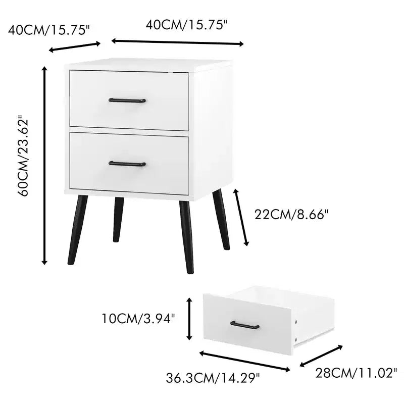 Comodino a 2 cassetti con gambe e maniglie in metallo, comodino moderno bianco, tavolino piccolo per camera da letto, soggiorno o appartamento