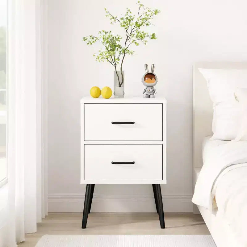 Comodino a 2 cassetti con gambe e maniglie in metallo, comodino moderno bianco, tavolino piccolo per camera da letto, soggiorno o appartamento