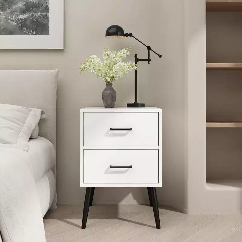 Comodino a 2 cassetti con gambe e maniglie in metallo, comodino moderno bianco, tavolino piccolo per camera da letto, soggiorno o appartamento