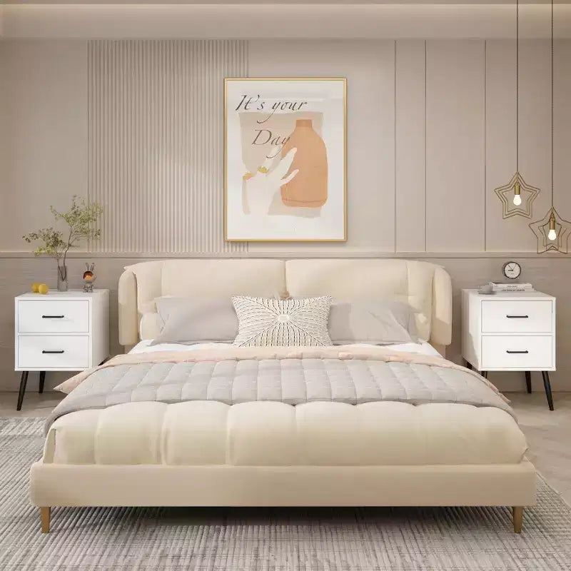 Comodino a 2 cassetti con gambe e maniglie in metallo, comodino moderno bianco, tavolino piccolo per camera da letto, soggiorno o appartamento
