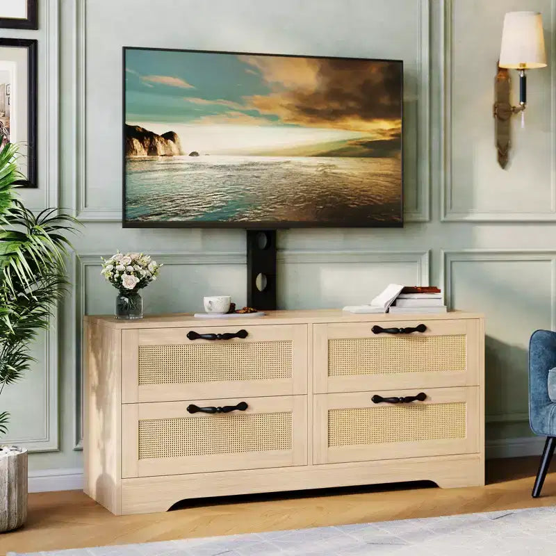 Mobile TV da fattoria in rattan con 4 cassetti e supporto (adatto a TV fino a 70 pollici), mobile multimediale in legno, console portaoggetti per soggiorno e camera da letto