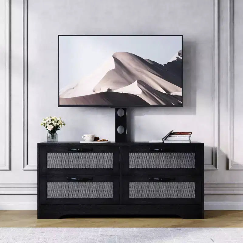 Mobile TV da fattoria in rattan con 4 cassetti e supporto (adatto a TV fino a 70 pollici), mobile multimediale in legno, console portaoggetti per soggiorno e camera da letto
