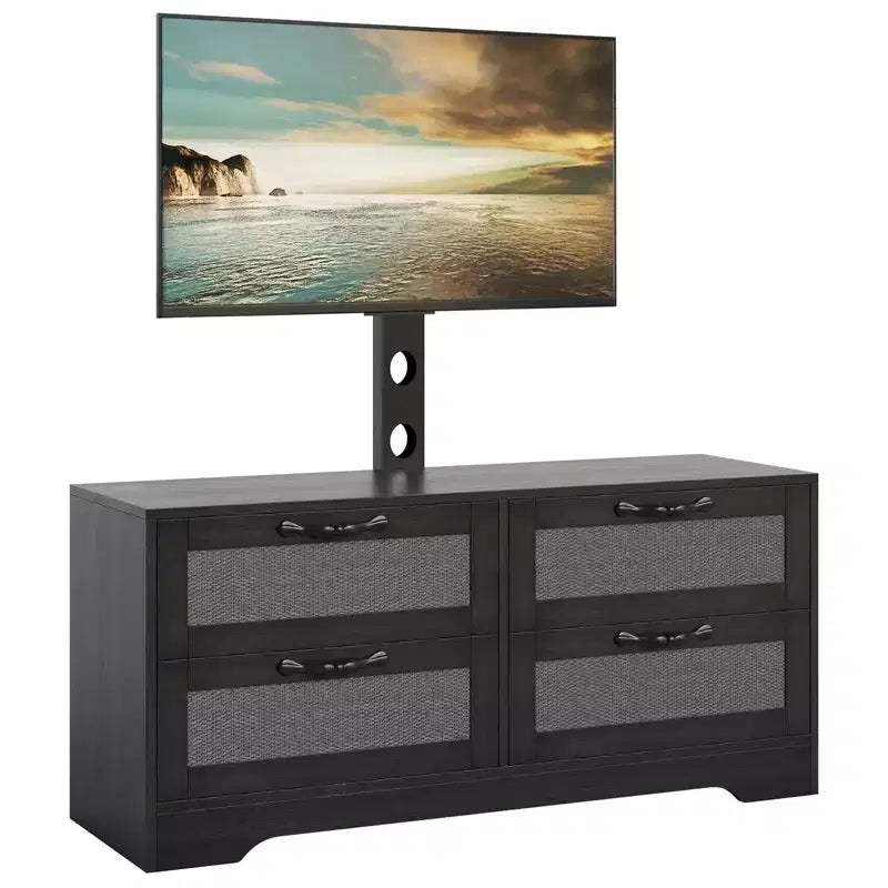 Farmhouse Rattan 4 Drawer TV Stand with Mount (Fits TVs Up to 70 Inch), Wooden Entertainment Center, Storage Media Console for Living Room & Bedroom