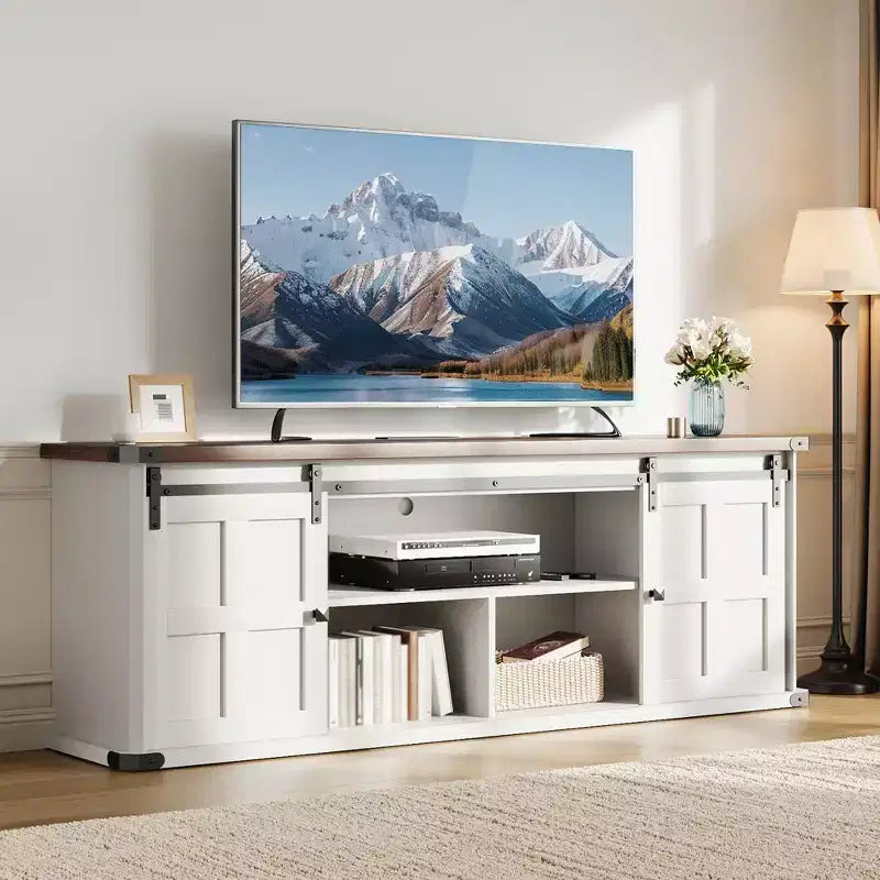 Mobile porta TV per televisori da 75 pollici, mobile TV in stile rustico con ante scorrevoli a fienile e armadietti, mobile consolle TV moderno per soggiorno e camera da letto
