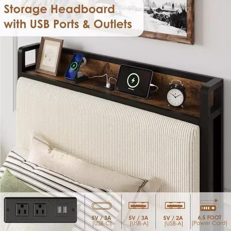 Struttura letto con cassetti contenitore e ricarica USB, testiera in velluto a coste nero