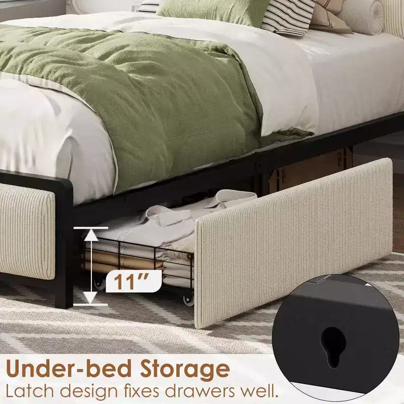 Struttura letto con cassetti contenitore e ricarica USB, testiera in velluto a coste nero