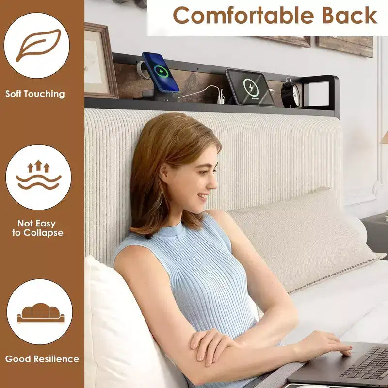 Struttura letto con cassetti contenitore e ricarica USB, testiera in velluto a coste nero