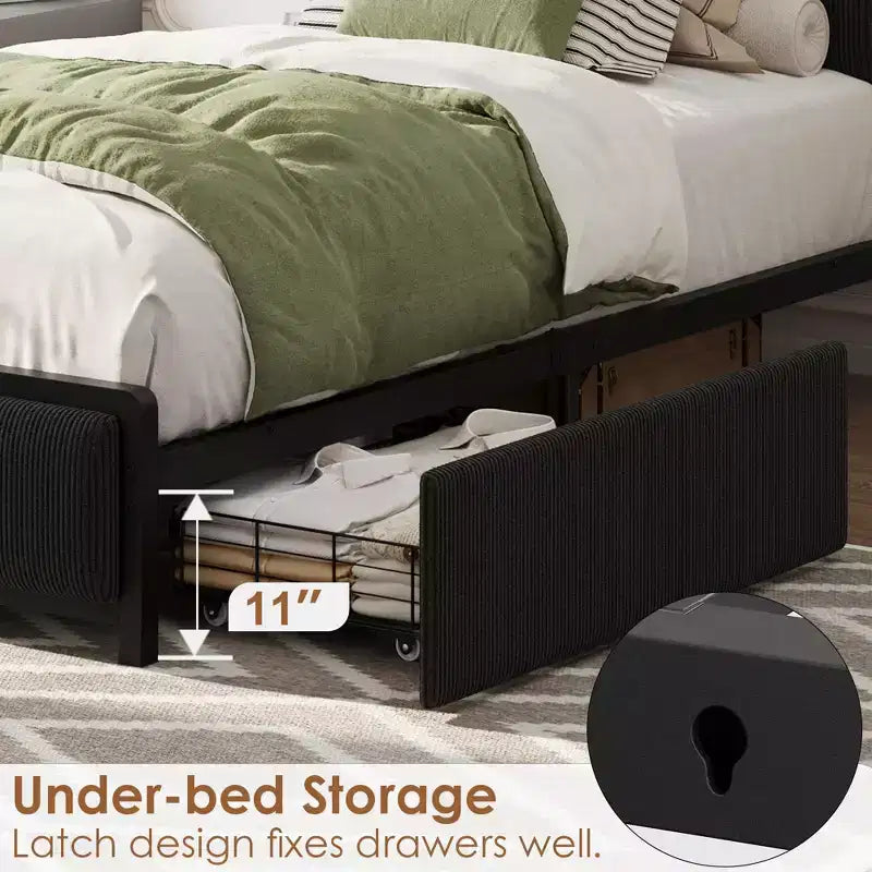 Struttura letto con cassetti contenitore e ricarica USB, testiera in velluto a coste nero