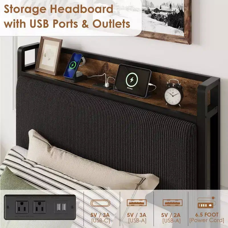Struttura letto con cassetti contenitore e ricarica USB, testiera in velluto a coste nero