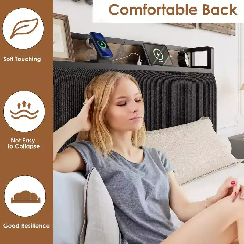 Struttura letto con cassetti contenitore e ricarica USB, testiera in velluto a coste nero