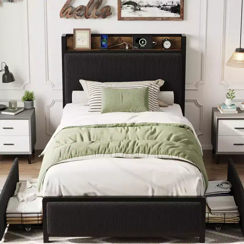 COZONY Platform Bed Frame with Storage Drawers and USB Charging, Black Corduroy Upholstered Headboard, Noise-Free, No Box Spring Needed