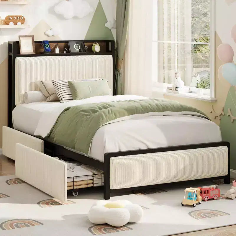Struttura letto con cassetti contenitore e ricarica USB, testiera in velluto a coste nero