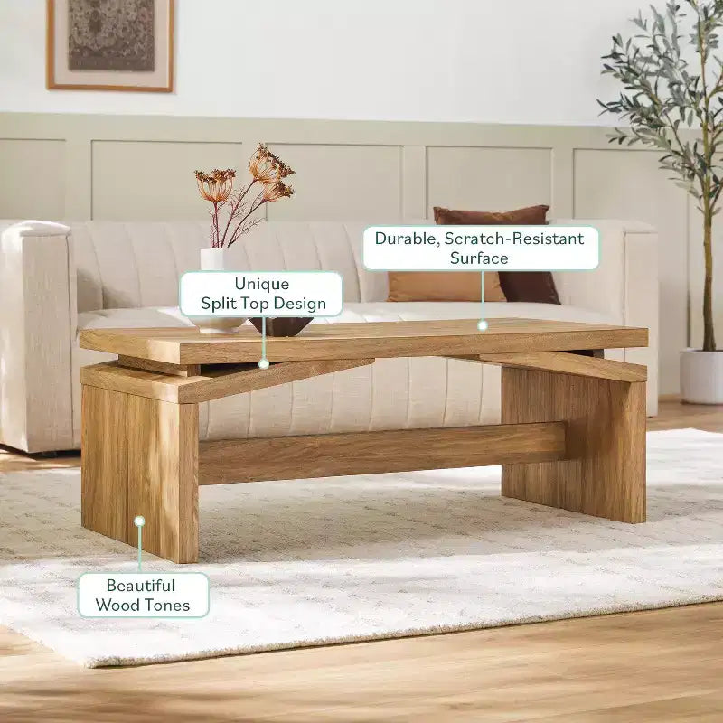 Tavolino da caffè moderno con piano diviso e montaggio facile