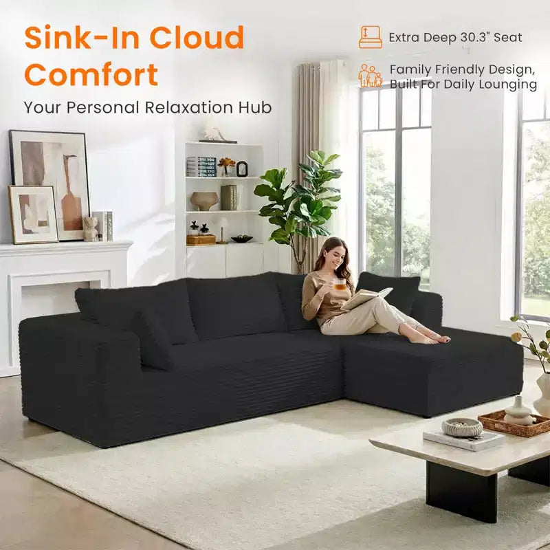 Divano componibile a L in velluto a coste oversize con chaise longue, design modulare, nero