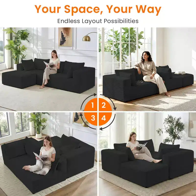 Divano componibile a L in velluto a coste oversize con chaise longue, design modulare, nero