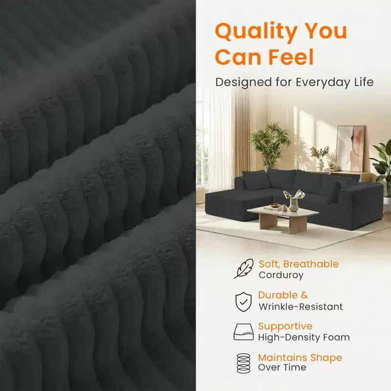 Divano componibile a L in velluto a coste oversize con chaise longue, design modulare, nero