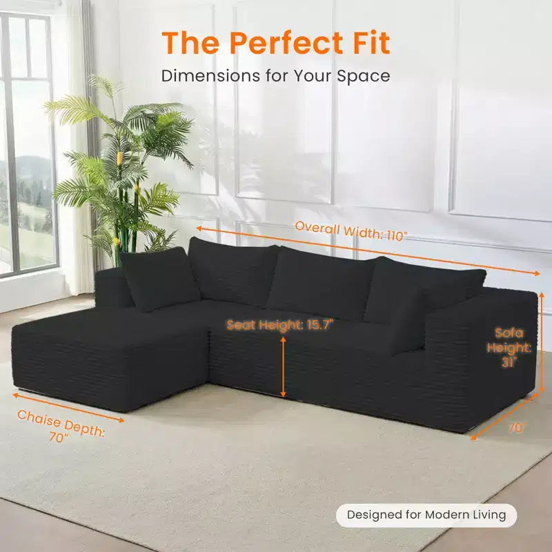 Divano componibile a L in velluto a coste oversize con chaise longue, design modulare, nero