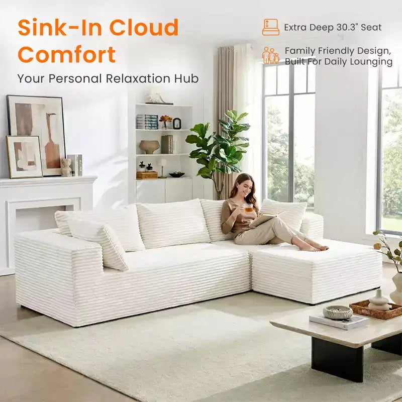 Divano componibile a L in velluto a coste oversize con chaise longue, design modulare, nero