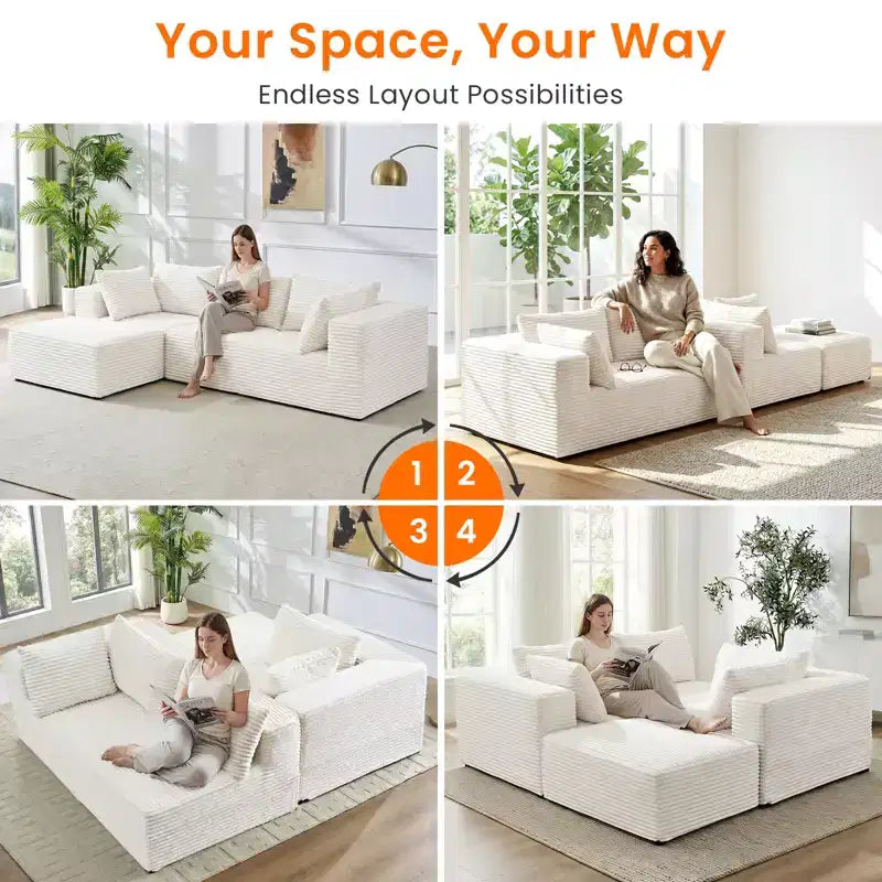 Divano componibile a L in velluto a coste oversize con chaise longue, design modulare, nero